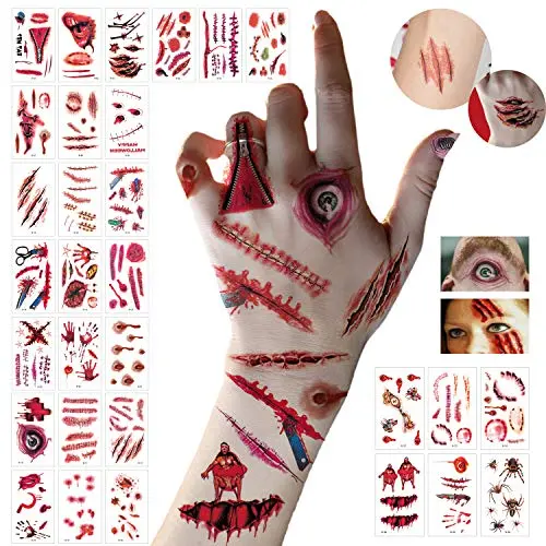 LessMo Halloween Temporary Tattoos, 30 Sheet Tattoo Stickers with Fake Bloody Scar, Wound Injury Body Stickers, Waterproof, Realistic, for Halloween Party, Masquerade, Prank, Makeup Props