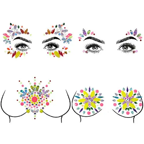 Lady Up 3 Sets Face Jewels for Women, Makeup Body Breast Gems Stickers Temporary Tattoos with Colorful Mermaid Crystal Rhinestones for Festival Halloween Party
