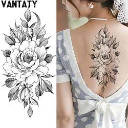 VANTATY 10 Sheets 3D Big Rose Peony Flower Girls Temporary Tattoos For Women Waterproof Black Tattoo Stickers 3D Blossom Lady Shoulder Tatoos Leaf DIY Costom Sexy Arm Chains Pattern.