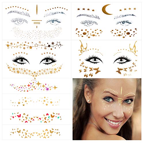 10 Sheets Face Tattoos Sticker, Freckle Sticker and Face Metallic Temporary Tattoo for Women