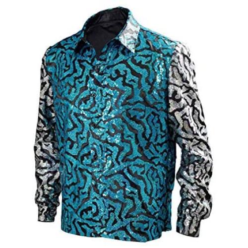 Mens Tiger King Shirt Joe Exotic Shiny Sequins Button Down Dress Shirt S Blue