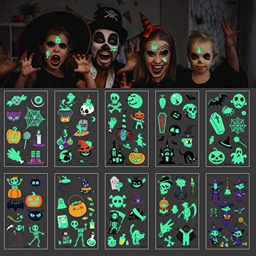 Halloween Temporäre Tattoos für Kinder – 370 Stück, Glow Tattoos, Halloween Party Sticker, Dunkle Dekoration