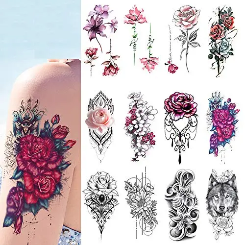 12 Stück Temporäre Tattoos, Wasserfeste Temporäre Tattoos, Schwarze Körpertattoos für Damen, Herren, Halloween, Party, Maskerade