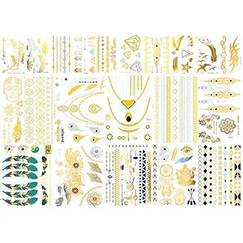 20 Sheets Temporary Tattoos for Women Girls Adults - Over 300 Shimmer Waterproof Fake Tatoos - Gold Tattoos Metallic Stickers in Bracelets, Feathers, Wrist and Arm Bands 20 Sheets Temporary Tattoos for Women Girls Adults - Over 300 Shimmer Waterproof Fake Tatoos - Gold Tattoos Metallic Stickers in Bracelets, Feathers, Wrist and Arm Bands