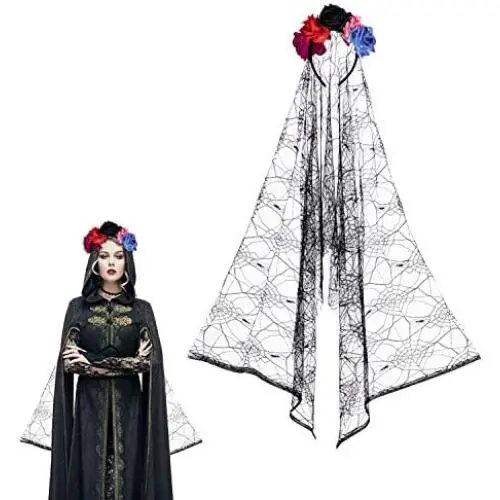 LessMo Halloween Haarband, Bunte Blumen Kopfbedeckung mit Gazeband, Langer Schleier Kostümzubehör, Dehnbar, Wiederverwendbar, Für Damen & Kinder, Halloween Party, Cosplay