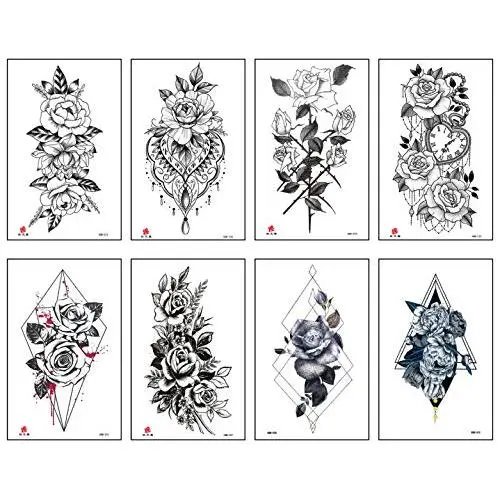Lekkas Frauen Temporäre Tattoos Sexy Blüten Fake Tattoos für Mädchen Wasserdicht Körperkunst Aufkleber Schwarz Entfernung Blumen Tatuajes Pack von 8 Blättern