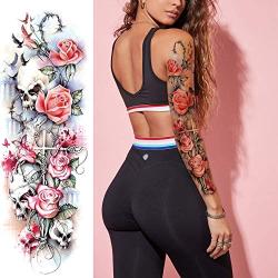 Leoars Halloween Temporary Tattoos, 4-Sheet Rose Flower Full Arm Sleeve Tattoos and 4-Sheet Fake Skull Rose Half Arm Tattoos Stickers for Men Women Girls Makeup