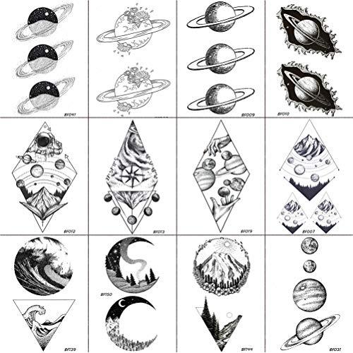 12 Pieces/Lot COKTAK Fake Waterproof Temporary Star Tattoo Stickers Astronaut Illustration Men Body Arm Art Women Black Tatoos Planets Geometric Universe Mountain Kids Tattoos Black Paste 10x6CM