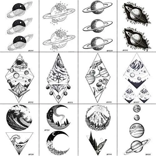 12 Stück/Set COKTAK Fake Wasserdichte Temporäre Stern Tattoosticker Astronaut Illustration Männer Körper Arm Art Frauen Tatoos Planeten Geometrie Universum Berg Kinder Tattoos Schwarze Paste 10x6CM