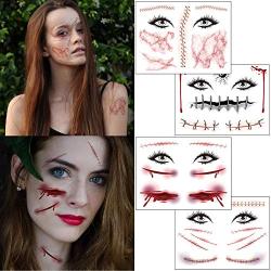 12 Sheets Halloween Temporary Face Tattoos, TailaiMei Scary Makeup Stickers for Halloween Costume Apparel Cosplay Party