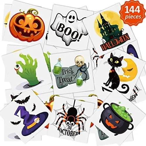 144 Stück Halloween Temporäre Tattoos, Kinder & Erwachsene, Halloween-Themen Tattoos, wasserfeste Tattoos, Aufkleber, Partydekoration, Partygeschenkel, Süßigkeiten, Dekoration, Gutscheinboxen, 9 Stile
