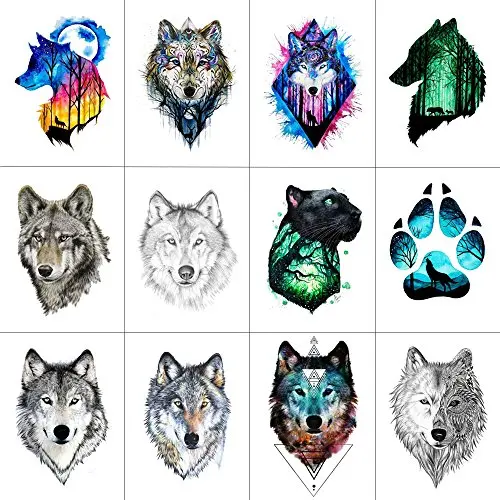WYUEN 12 PCS/lot Wolf Temporary Tattoo Sticker for Women Men Fashion Body Art Adults Waterproof Hand Fake Tatoo 9.8X6cm FW12-01 (Wolf1)