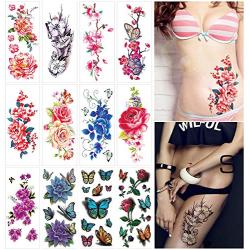 Flower Temporary Tattoos for Women Adults 3D Butterfly Rose Tattoo Sexy Fake Tattoo Stickers Waterproof Body Art Temp Tattoo Paper Colored Floral Lily Lotus Peony Festival Makeup Tattoo 12 Sheets