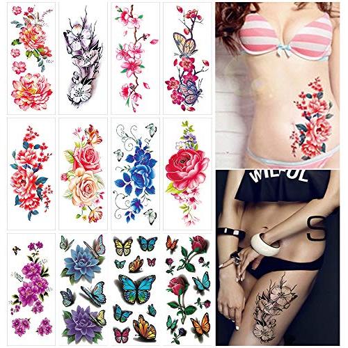 Flower Temporary Tattoos for Women Adults 3D Butterfly Rose Tattoo Sexy Fake Tattoo Stickers Waterproof Body Art Temp Tattoo Paper Colored Floral Lily Lotus Peony Festival Makeup Tattoo 12 Sheets