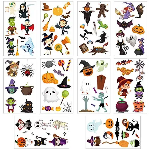 Halloween Aufkleber Set für Kinder Party Temporäre Tattoos Sticker, Fröhliche Halloween Party Temporäre Tattoos Aufkleber, 10 Blätter