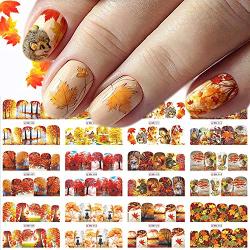 Fall Nail Art Stickers Halloween Thanksgiving Nail Art Accessories Decals 12 Sheets Maple Leaves Water Transfer Autumn Nail Stickers for Women Girls Fingernail Toenail Decoration Manicure Tips Tattoos