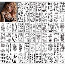 Konsait Temporary Tattoos for Adults Women Men Kids(60 Sheets), Waterproof Temporary Tattoo Fake Black Tribal Body Art Stickers Face Arm Sleeve Neck Wrist Tattoos Totem Flower Butterfly Shark Feather