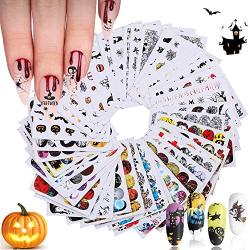 48 Sheets Halloween Nail Art Stickers Decals, Kalolary Halloween Water Transfer DIY Nail Decals Stickers Pumpkin/Bat/Ghost/Skull/Spider Web/Devil Nails Design Halloween Decor