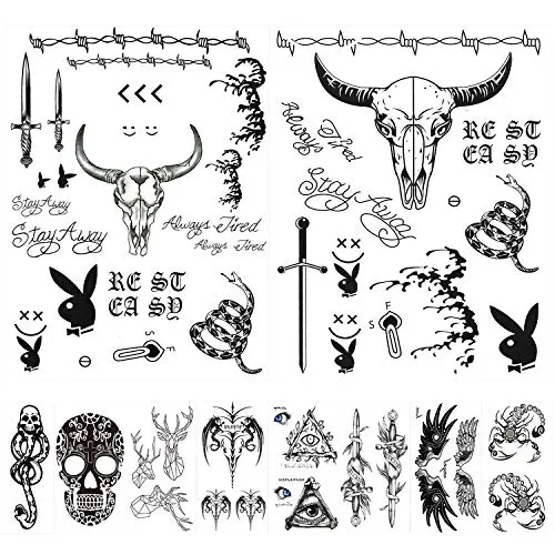10 Blatt Post Malone Tätowierungsset, inklusive Post Malone Tattoos und Death Eater Tattoos, temporäre Halloween-Accessoires und Party-Zubehör