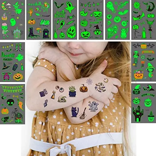 Leuchtende Halloween-Temporärtattoos für Kinder, 10 Blätter temporäre Tattoos mit Spinnen, Geister, Kürbis und schwarzen Katzen – Dekorationen für Erwachsene und Kinder, Halloween-Fälschtattoos, Glow-Sticker für Tanzparty-Partygeschenke.