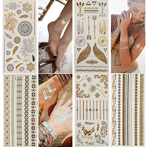 Temporäre Tattoos, Metallic, 5 Große Blätter Gold Silber Glitzer, von WffDirect, 80+ Farbige Flash Fake Wasserdichte Tattoo Aufkleber – Für Erwachsene oder Kinder