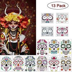 COKOHAPPY Halloween Temporary Face Tattoos Makeup Kit (13 Pack), Day of the Dead Sugar Skull Floral Black Skeleton Web Red Roses Full Face Mask Stickers Tattoo Families Party Supplies