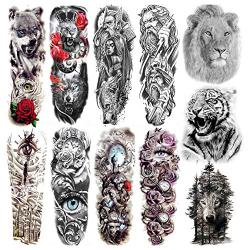 COKTAK 11 Sheets Cool Full Arm Temporary Tattoos For Men Body Sleeve Fake Military Warrior Tattoo Stickers Rose Beast Wolf Lion Tiger Eye Totem Extra Large Tatoos Women Leg Half Armband Animal Adults