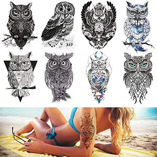 Tattoos Temporaires pour Femmes Hommes Adultes Enfants Garçons Filles Bras Main Jambe Épaulte Torse Abdome Étiquettes à Tattoos Waterproof 8 Feuilles Sûres pour Toutes Peaux avec Motifs Oie Totem Couleur Noire