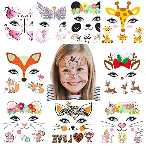 Fanoshon Tierische Temporäre Gesichtstätowiersticker Set für Kinder & Erwachsene, Wasserübertragbare Schmetterling, Panda, Hirsch, Giraffe, Fee, Blumen für Festival Körperfarben Make-up Dekoration Sticker für Halloween