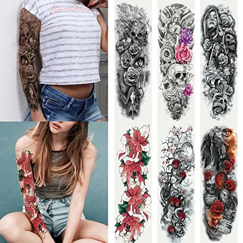 6 Blatt Vollarm Temporäre Tattoos, Wasserdicht, Extra Groß, Temporäre Tattoos für Damen Herren Erwachsene Schwarz Schädel Rose Körperkunst Tattoo Sticker Falstattoo