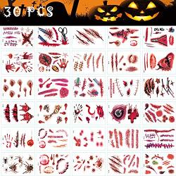 30 Different Pattern Halloween Zombie Scars Tattoos Stickers, Temporary Tattoos Paste with Fake Scab Blood Special Fx Costume Makeup Props,Fake Wounds for Halloween Cosplay