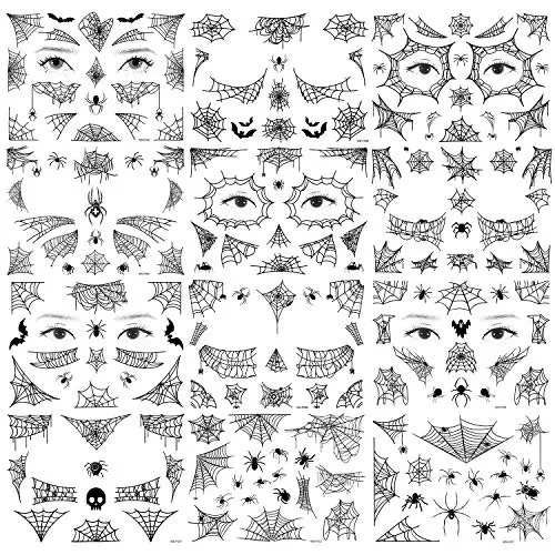 Konsait 12 Halloween Spinnen-Gesicht-Tattoos - Schädel Spinnennetz Temporäre Tattoos – Aufkleber für Gesicht, Schulter, Arm, Rücken für Damen, Herren, Kinder Halloween Cosplay Accessoires