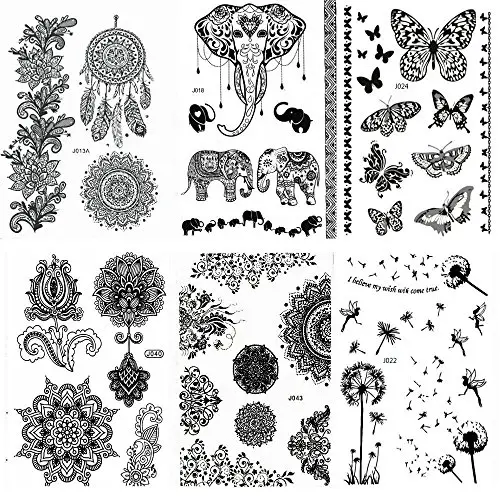 Pinkiou Henna Tinte-Sticker Spitze Mehndi Temporäre Tattoos für freigeistige Frauen Teenager Mädchen Metallic Tinte Pack von 6 (schwarz)