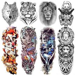 VANTATY 8 Sheets Extra Large 3D Realistic Animals Full Arm Temporary Tattoos For Men Women Fake Arm Sleeve Tattoo Maori Wolf Stickers Sexy Fox Tiger Flower Big Leg Tatoos Adults Gangster Girl Kid Lion