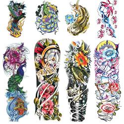 Leoars 4 Sheets Large Arm Temporary Tattoos and 4 Sheets Full Arm Sleeve Tattoo Sticker, Big Peacock Lotus Rose Fake Tattoos Sleeve Body Art for Women Men