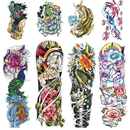 Leoars 4 Blätter Große Arm Temporäre Tattoos und 4 Blätter Großer Arm Ärmel Tattoo Aufkleber, Großer Pfau Lotus Rose Falsche Tattoos Ärmel Körperkunst für Damen Herren