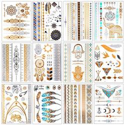 12 Sheets Metallic Temporary Tattoos for Women Teens Girls Tattoos Gold Silver Glitter Flash Waterproof Tattoo Stickers