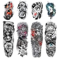 Leoars 4 Sheets Large Arm Temporary Tattoos and 4 Sheets Full Arm Sleeve Tattoo Sticker, Black Animal Eye Flower Fake Tattoos Sleeve Body Art for Women Men