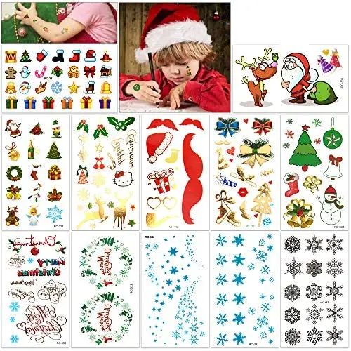 Weihnachtstattoos für Kinder (12 Blätter mit 160 Designs), Konsait Weihnachts-Themen Temporäre Tattoos mit Glitzer-Aufklebern, Basteltattoos, Wasserdicht, Weihnachtsfeier-Geschenkartikel, für Frauen und Kinder