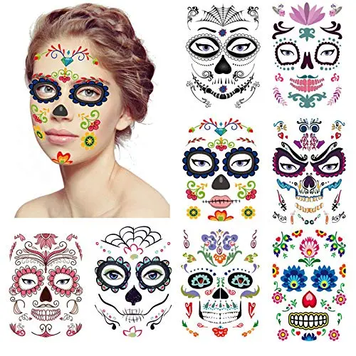 8er Pack Halloween Temporäre Gesichtstattoos, Día de los Muertos Schädel Gesichtstätowierungen, Catrina Maske, Día de Muertos Make-up, Süßkopf-Aufkleber für Halloween Party, Party-Zubehör