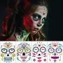 Tote Día de Muertos Schädel Temporäres Gesicht Tätowier-Set 4 Blätter Halloween Temporäre Gesichtstätowier-Aufkleber Dekoration Halloween Maskenball Party Zubehör