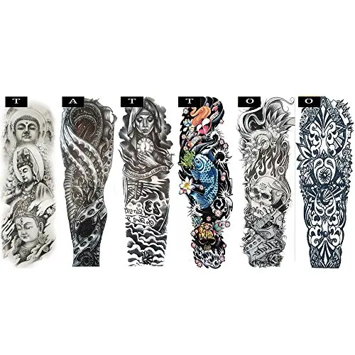 Autocollants temporaires Pinkiou pour tout le corps, bras, épaules – Tatouages temporaires pour homme et femme : Bouddha, crâne, œil d'aigle, Belle et la Bête, etc. (18-0094)