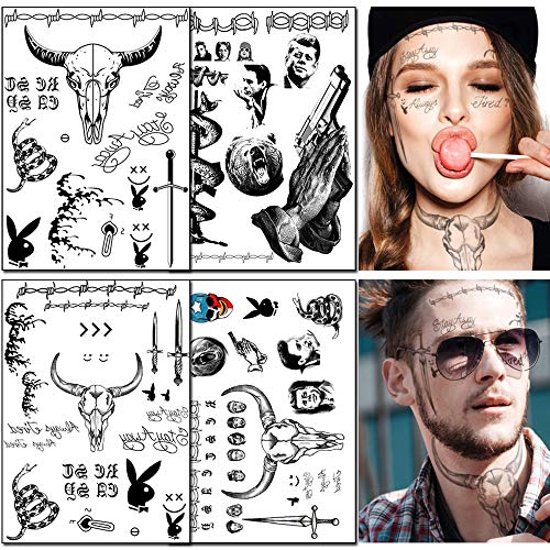 4 Sheets Temporary Face Tattoos Stickers Halloween Face Tattoo Kit Festival Body Art Makeup Temporary Tattoos for Women Men Kids Halloween Costume Accessories Party Decorations