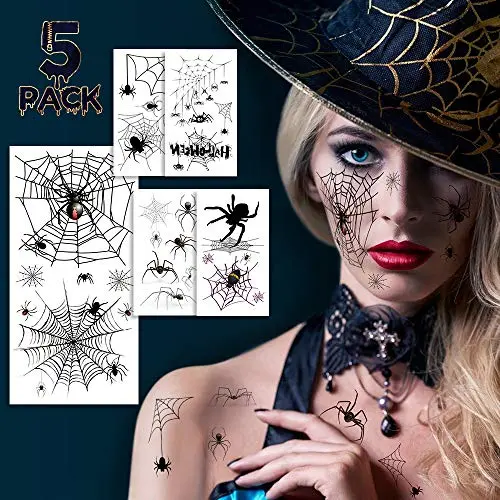 Halloween Gesichtstattoos, Spinnen temporäre Aufkleber, Halloween temporäre Aufkleber Set für Kostüm & Make-up, 5 Blätter Realistische Fake Spinnen Aufkleber für Gesicht & Körper, Männer & Frauen