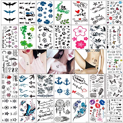 Small Temporary Tattoos for Women Realistic Tiny Tattoo Body Art Stickers Sexy Fake Tattoos Lips Leaf Flower Black Tattoo Waterproof Temp Tattoos Stickers (30 Sheets)