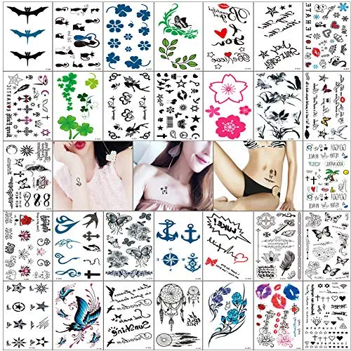 Kleine, temporäre Tattoos für Frauen Realistische Kleine Tattoo Körperkunst Aufkleber Sexy Fake Tattoos Lippen Blatt Blume Schwarz Tattoo Wasserdicht Temp Tattoos Aufkleber (30 Blätter)