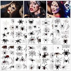 Konsait 86PCS Halloween Tattoos Spider Tattoos, Spider Web Spider Net Tattoos, Halloween Face Shoulder Arm Tattoo Stickers for Women Men Kids Boys Halloween Cosplay Accessories