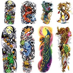 Leoars 4 Sheets Large Temporary Tattoos Sleeve Full Arm Tattoo Sticker and 4-Sheet Half Arm Fake Tattoos Nights Nightmare Before Christmas Fish Peacock Dragon Patter Tattoos Sleeve Body Art Makeup