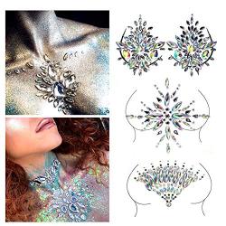 3 Pack Gems Breast Tattoos Stickers Glitter Rhinestones Body Arts Decors Temporary Tattoos Stickers Decals Self Adhesive Chest Face Waist Back Resin Jewels Decoration Accessories Kits for Women