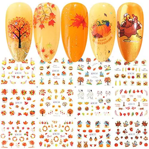 Herbst Nagelsticker Thanksgiving Halloween Nageldekorationen, 12 Blätter Maple-Blätter, Kürbis Wasserübertragung Nagelsticker, Nagel Tattoos für Damen & Mädchen DIY Nagel Tipps Dekorationen